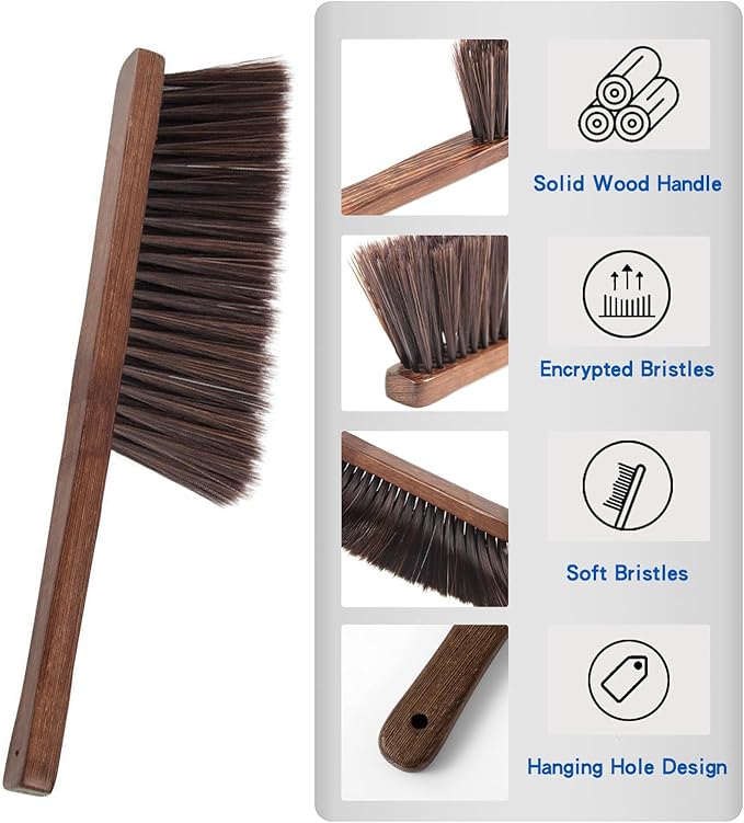 Hand Broom Brush,Natural Wooden Handle Soft Bristles Dusting Cleaning Brush,Light and Sturdy for Furniture,Bed,Car,Bench, Crevice Cleans