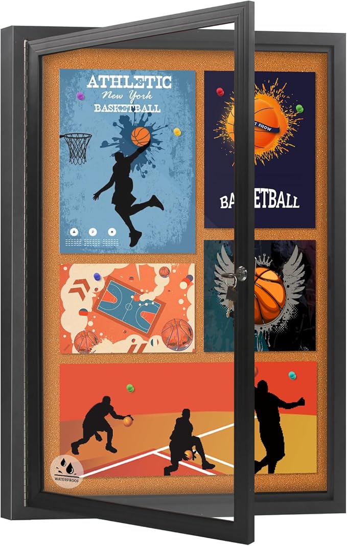 Enclosed Bulletin Board,Outdoor Weatherproof Cork Noticeboard with Locking Door, Wall-Mounted Black Aluminum Frame,Display Case Message Board for Office Home,36x24 Inch (5xA4)