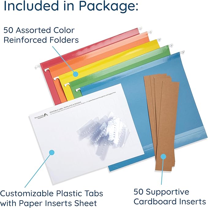 Blue Summit 50 Extra Capacity Hanging File Folders Letter Size, 2 Inch Expansion, Hanging File Folders Extra Capacity, Designed for Bulky Files, Filing Cabinets, Medical Charts, Assorted Colors