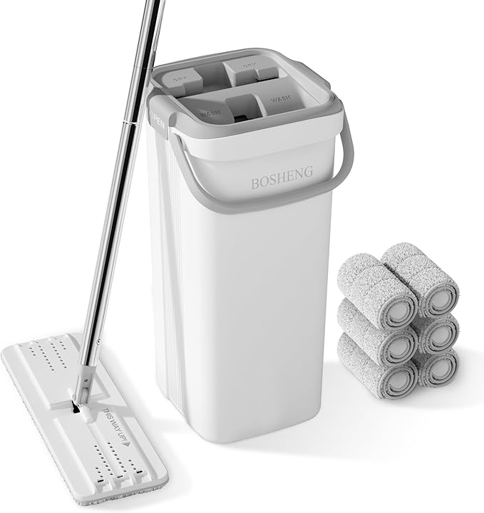 Mop and Bucket Set, Flat Mops for Floor Cleaning, Wall Mop with 60" Extensible Handle, Hardwood Floor Mop with 6 Microfiber Pads