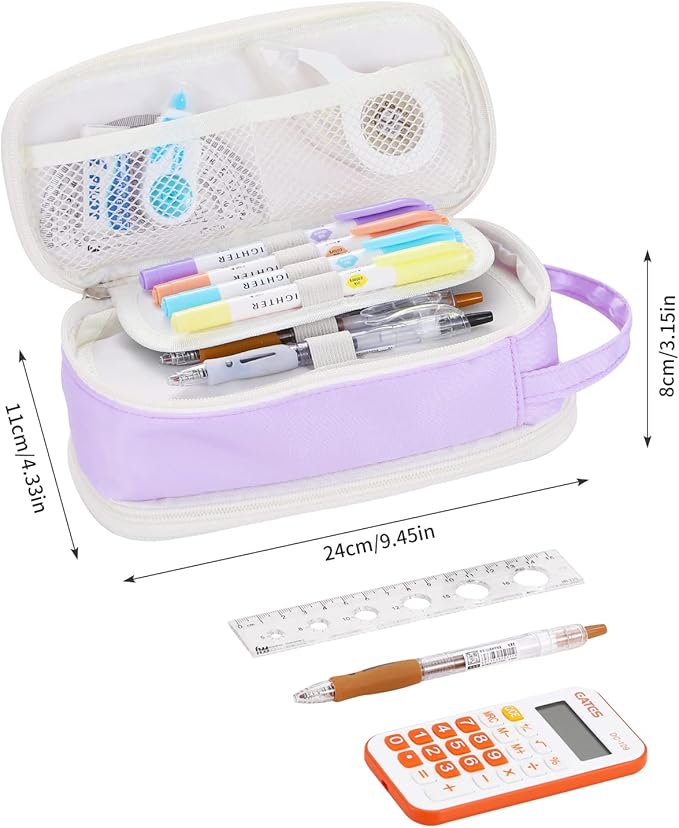 Dugio Big Pencil Case for Girls Teens Kids Zipper Pencil Pouch with Handle Organizer Pencil Bag Aesthetic Pencil Box for School Purple