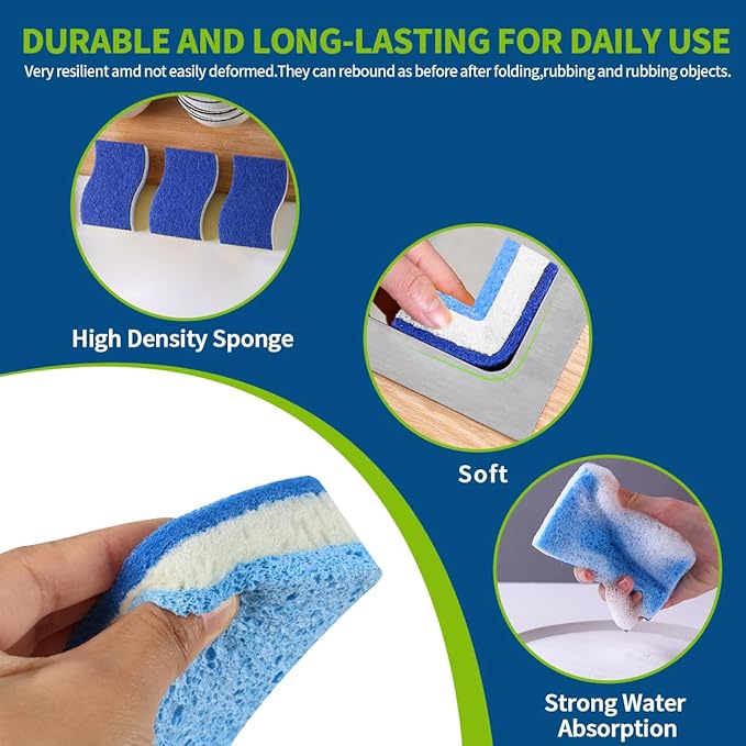 Blue Wood Pulp Sponges 12Pack Non-Scratch Cellulose Scrub Sponge, Dual-Sided Dishwashing Sponge for Kitchen