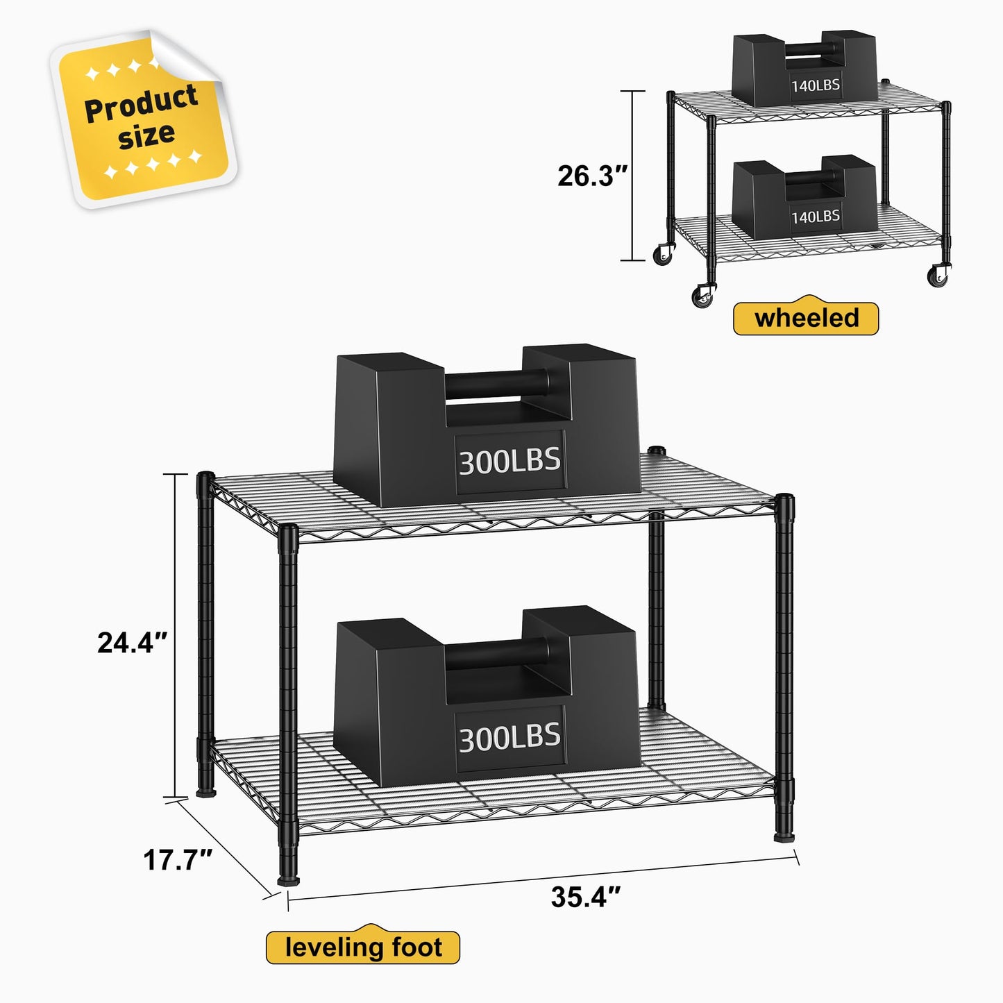 2-Tier Wire Shelving with Wheels,Storage Shelves with Gaskets,Height Adjustable Metal Shelving Unit Shelf Organizer for Living Room,Garage,Kitchen,Office,Laundry,Pantry,18"D x 36"W x 25"H,Black