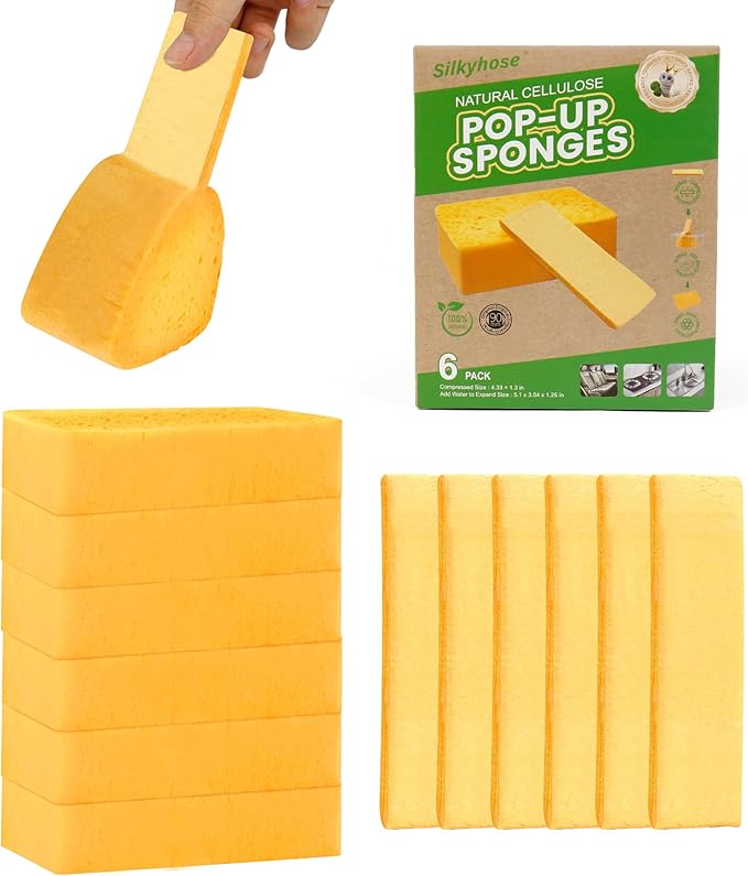 6 Pack Natural Cellulose Pop Up Sponges Biodegradable Eco-Friendly Compressed Sponges Non-Scratch Multi-Use for Kitchen Dishes, Car, Windows Cleaning