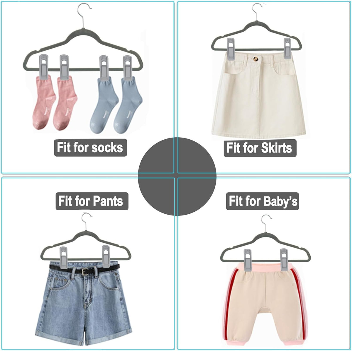 Hanger Clips for Velvet Hangers (Grey, 40 PCS), Non-Slip Plastic Clips Skirt Hanger Clips for Gray Flocking Hangers