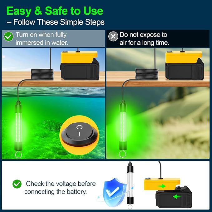 Underwater Fishing Light Compatible for DeWalt 20V Battery（Battery Not Included）, IP68 Waterproof 1300 Lumens LED Submersible Green Fish Attractor Light for Night/Ice/Boat Fishing