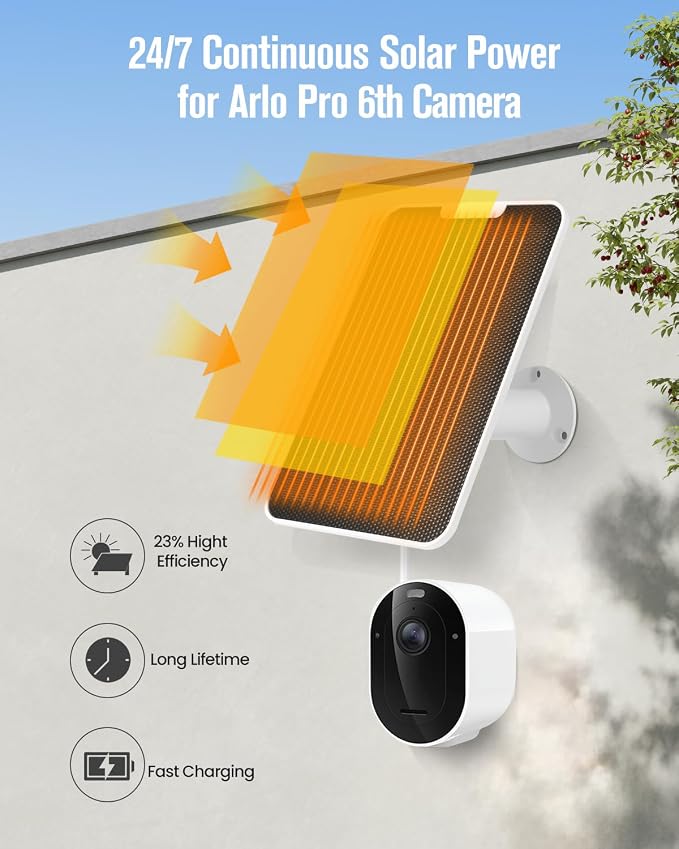 Solar Panel Charger Compatible with Arlo Pro 6/6 XL, 6V 5W Solar Panel for Arlo Pro Security Camera 2K HDR (6th Gen, 2025 Release), IP65 Weatherproof, USB-C Plug, 9.8ft Cable Secure Wall Mount, 1 Pack