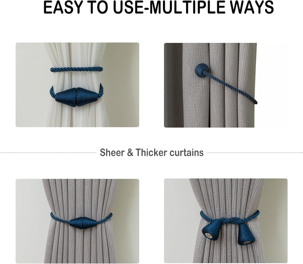 Magnetic Curtain Tiebacks 8 Pack Outdoor Rope Curtain Tie Backs Decorative Window Treatment Holdbacks for Home Decorative Curtain, Blue