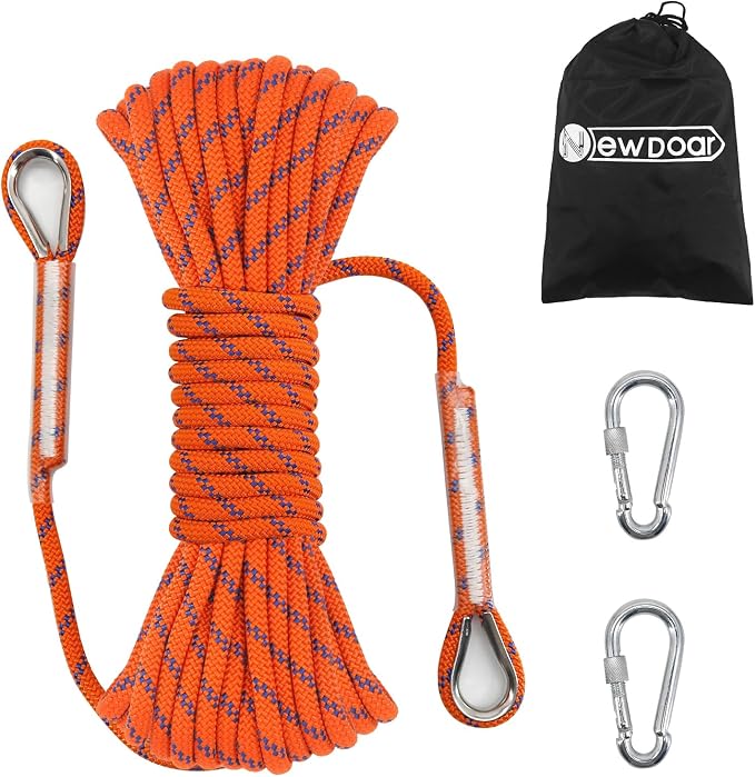 NewDoar 14KN Static Climbing Rope 8mm(5/16in) Accessory Cord Equipment 33FT(10M) 66FT(20M) 98FT(30M) 165FT(50M) Escape Rope with 2 Carabiners for Ice Climbing Equipment Fire Rescue Rope-Orange/20M