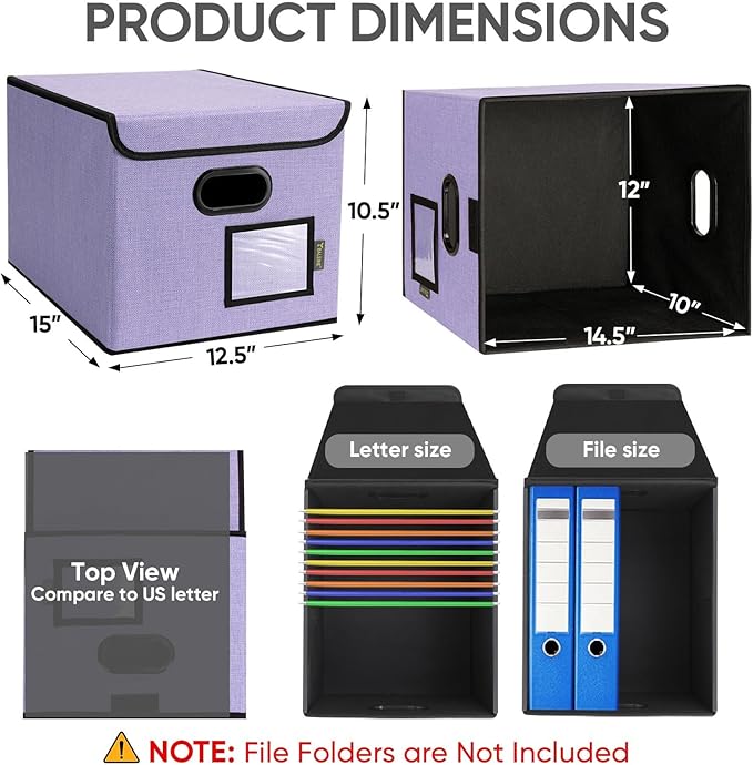 BALEINE File Organizer Box with Lid, Collapsible File Folder Organizer with Plastic Slide, Hanging File Folder Box for Office Document Storage (1 Pack, Purple)