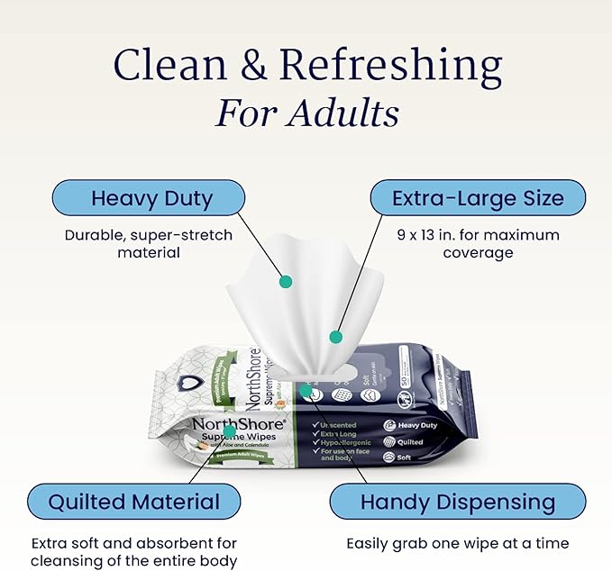 NorthShore Supreme Heavy-Duty Quilted Wipes, X-Large, 9 x 13 in., Case/600 (12/50s)