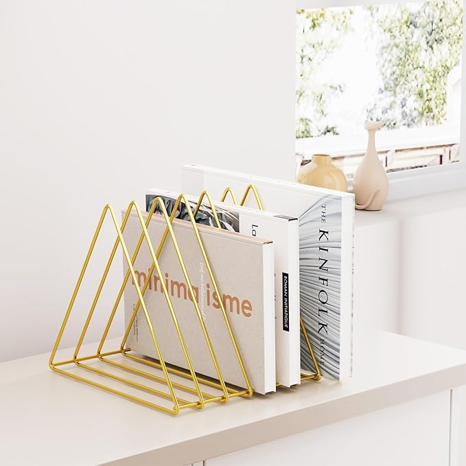 Urban Deco Triangle Desk Organizers Metal Wire Magazine Holder 7 Sections Decorative File Folder Organizer Vinyl Record Storage Office For Desk - Gold Magazine File Holder - Pack of 2