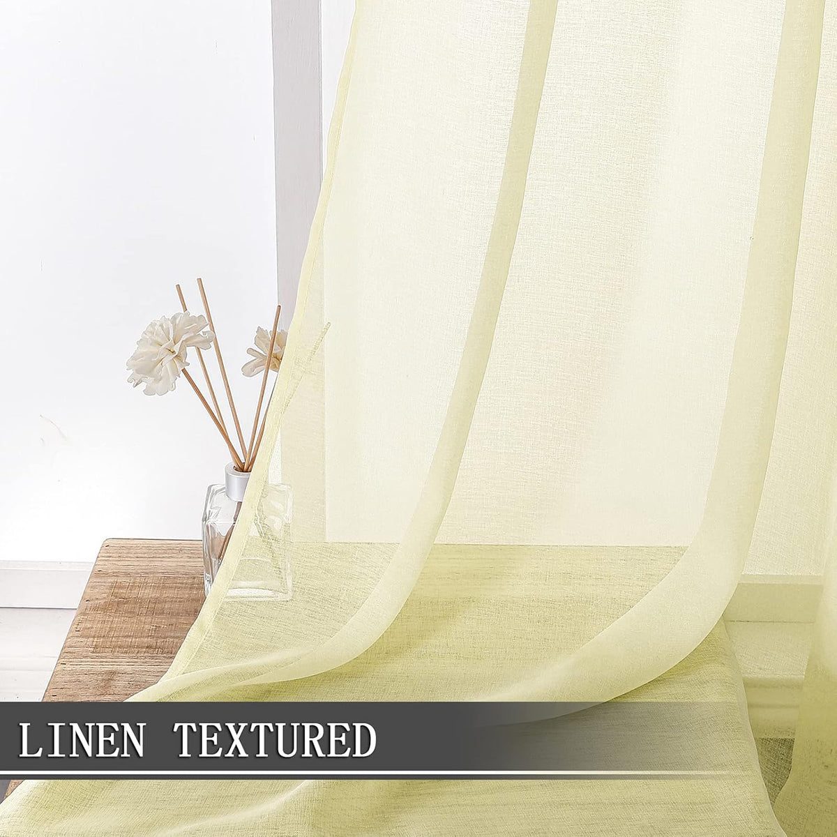 Tollpiz Short Sheer Curtains Linen Textured Living Room Curtain Sheers Light Filtering Rod Pocket Voile Curtains for Bedroom, 42 x 45 inches Long, Transparent Yellow, Set of 2 Panels