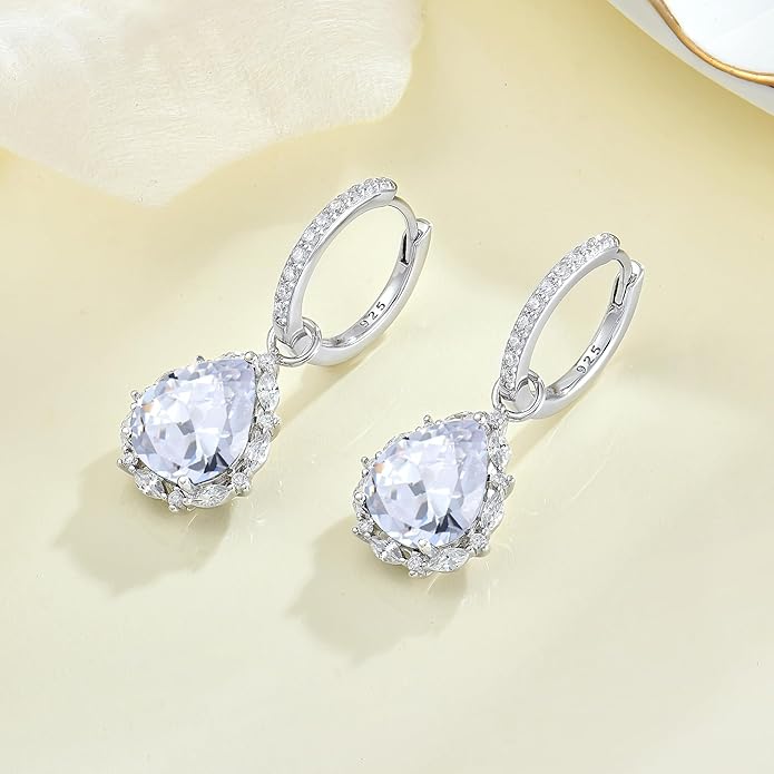 Women 925 Sterling Silver Birthstone Teardrop Huggie 14mm Hoop Drop Dangle Earrings 5A Cubic Zirconia Jewelry