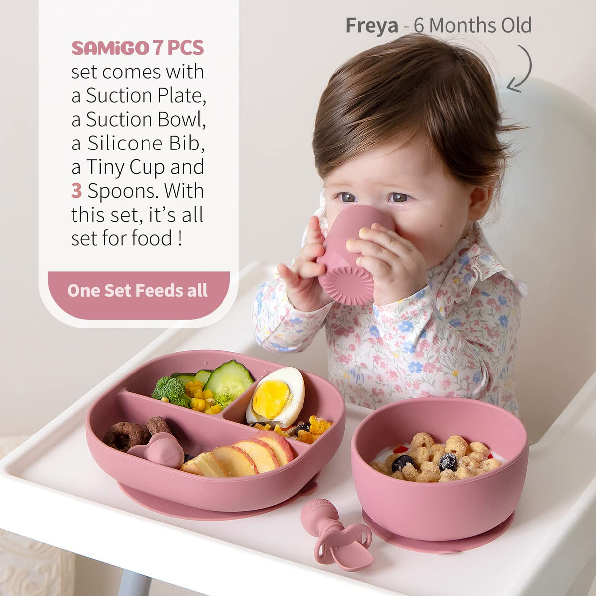 SAMiGO Silicone Baby Feeding Set, Baby Led Weaning Supplies, Suction Bowl Plate Bib Cup Self Feeding Spoons, Solid Food Eating Essentials, First Stage Utensils, 6+ Months