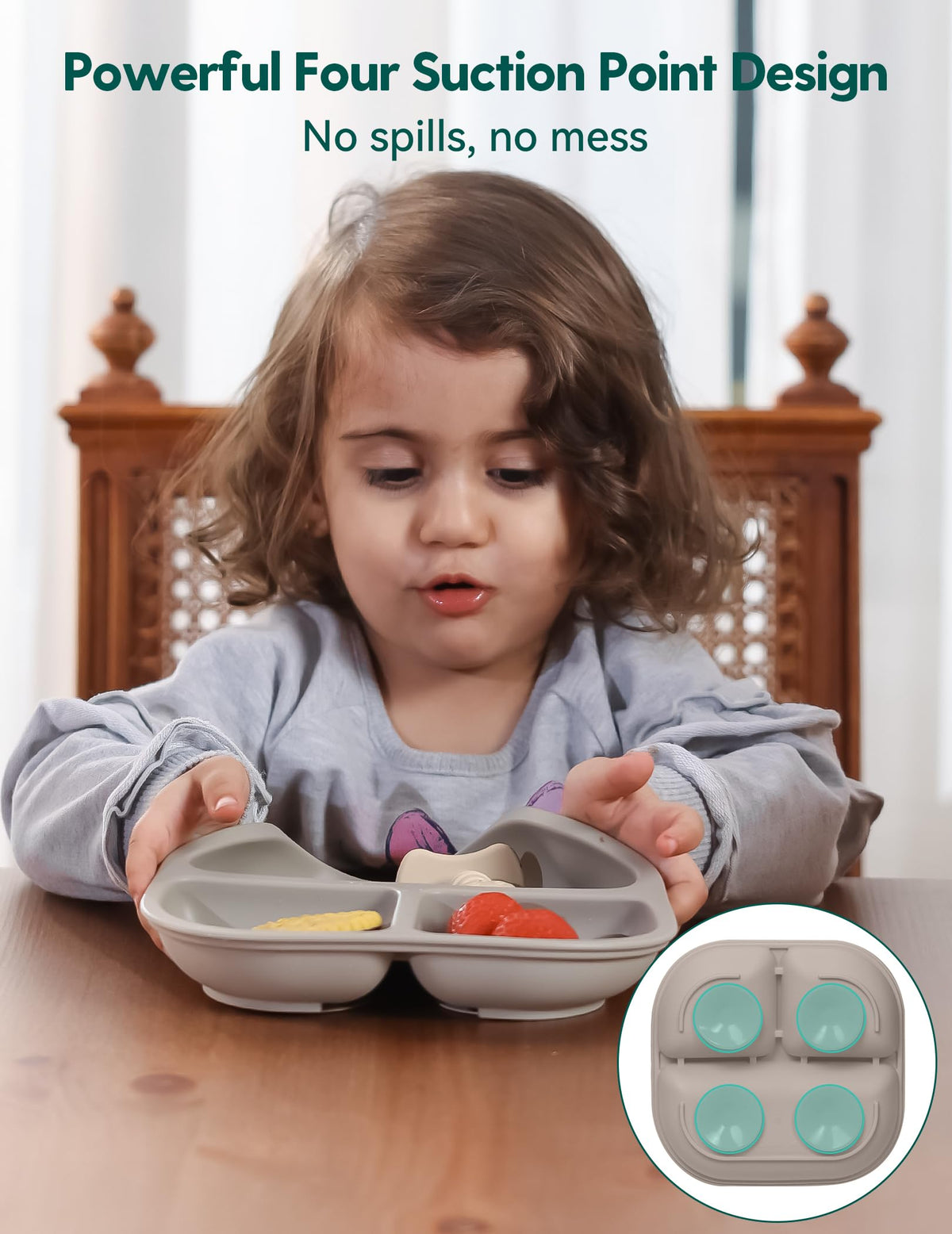 BABELIO Powerful Suction Plates for Baby and Toddler, 100% Food Grand Silicone, Divided, BPA Free, Microwave & Dishwasher Safe, Stay Put, 3 Pack