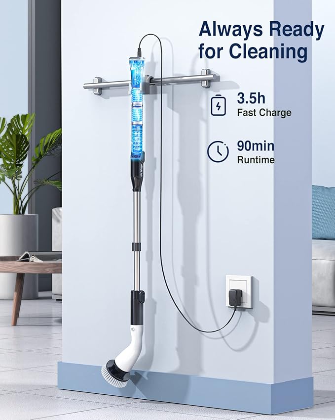 LABIGO Electric Spin Scrubber LA1 Pro, Cordless Spin Scrubber with 4 Replaceable Brush Heads and Adjustable Size Extension Handle Power Full Cleaning Brush for Bathroom Floor (Deep Black)