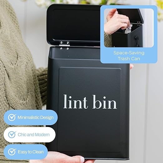 Magnetic Lint Bin for Laundry Room Organization and Storage, Includes Magnetic Hook & Lint Brush, Wall-Mounted Laundry Dryer Bin for Laundry Room Decor, Space-Saving Trash Can (Matte Black)