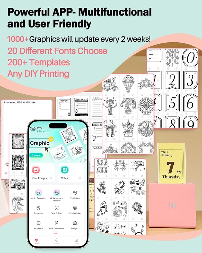 Phomemo Sticker Printer- Mini Thermal Sticker Printer Machine, Small Pocket Label Maker Instant Print for DIY Creation, Study Notes, Photos, Portable Inkless Photo Maker for Kids/Students, Pink