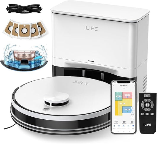 ILIFE A30 Pro Robot Vacuum and Mop, Self Emptying Station for 60 Days, 5000Pa Suction, LiDAR Navigation, No-Go Zones, 2.4G WiFi/App/Alexa/Remote Control, Clean Hard Floors to Medium-Pile Carpet, 110V