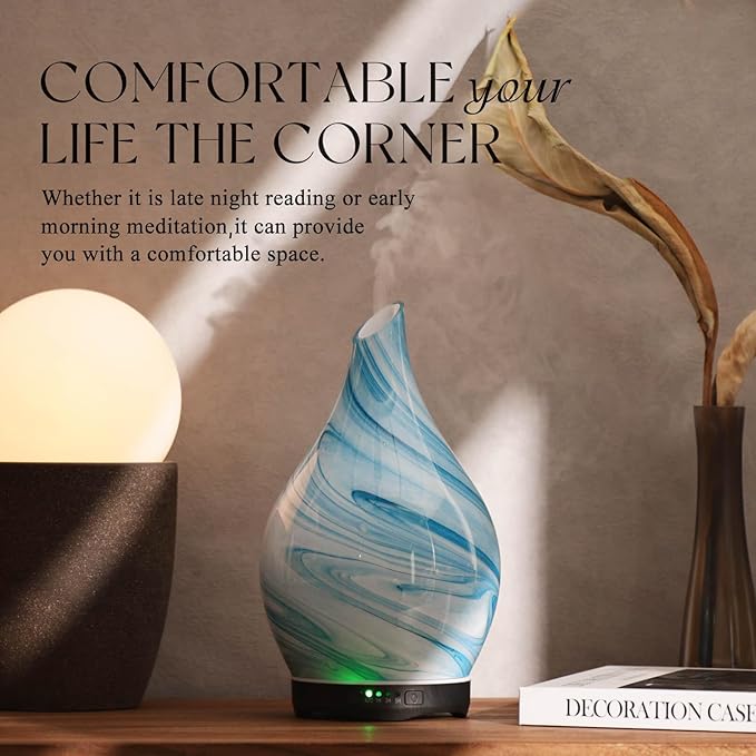 Porseme 280ml Essential Oil Diffuser Glass Color Changing Aroma Air Diffusers Aromatherapy Ultrasonic Cool Mist Humidifier 7 Running Hours Waterless Auto-Off for Sleeping, Yoga, Office, Spa (Blue Ink)