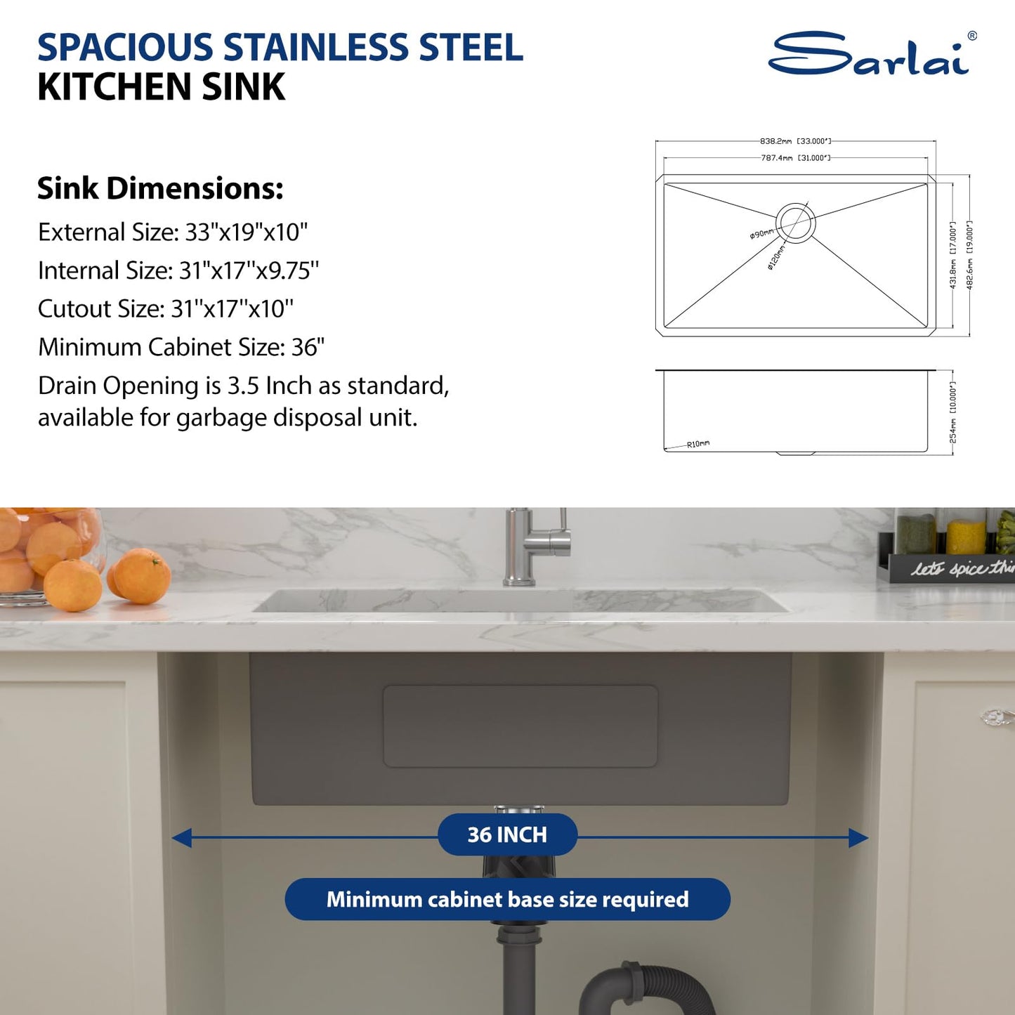 Sarlai 33 Inch Undermount Kitchen Sink - 33 x19 Kitchen Sink Undermount Single Bowl Stainless Steel 16 Gauge Under Counter Sink With Accessories Round Corners