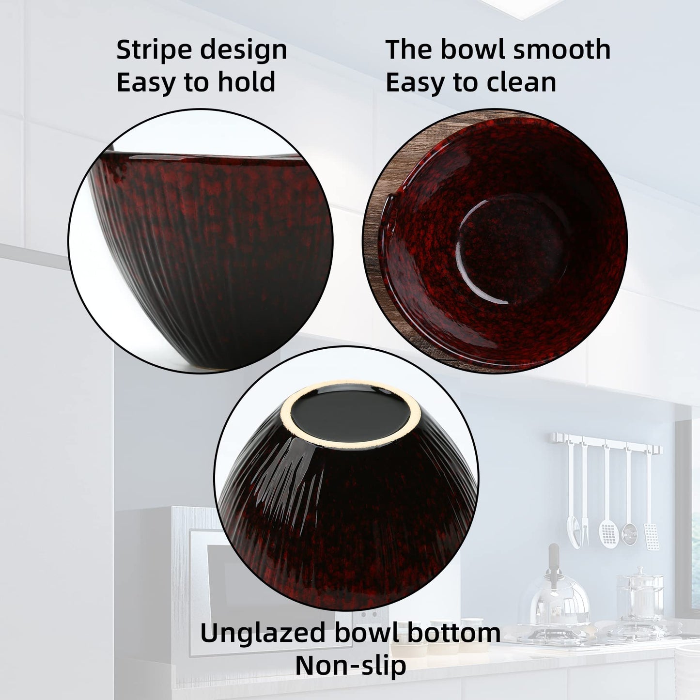 JH JIEMEI HOME Ramen Bowl with Chopsticks and Spoons, Ceramic Set of 2, Dishwasher Safe for Pho Udon Soba Noodle Salad Pasta, Special Reactive Glazed Crimson Bowls Set