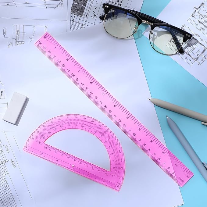 Zonon 2 Pack 12'' Plastic Ruler and 6'' Plastic Protractor Set Clear Ruler Protractor Set Math Geometry Supplies for School Classroom Home Office Drawing(Pink)