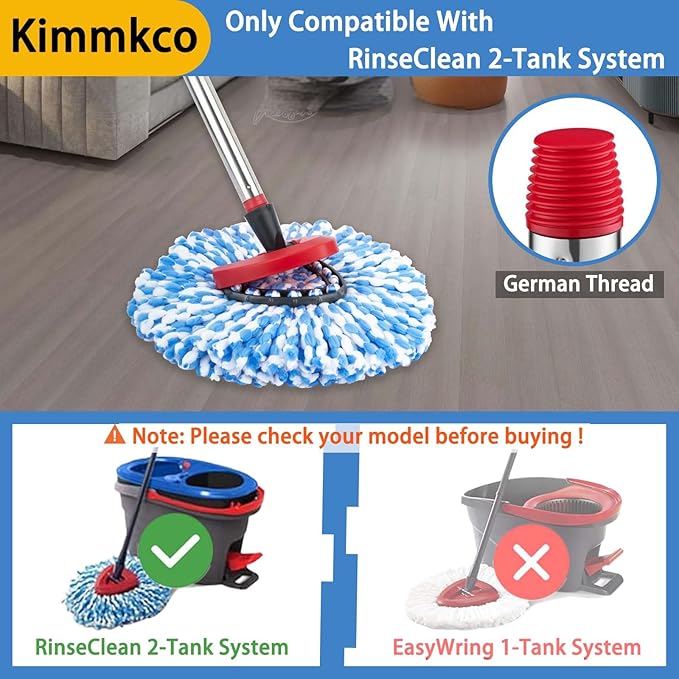 Small Spin Mop Replacement Head for O Cedar RinseClean 2-Tank System, 2 Fluffy Microfiber Mop Refills with 1 Small Base & 4-Section 30-58in Mop Handle, Replace Heads for Deep Clean, Machine Washable
