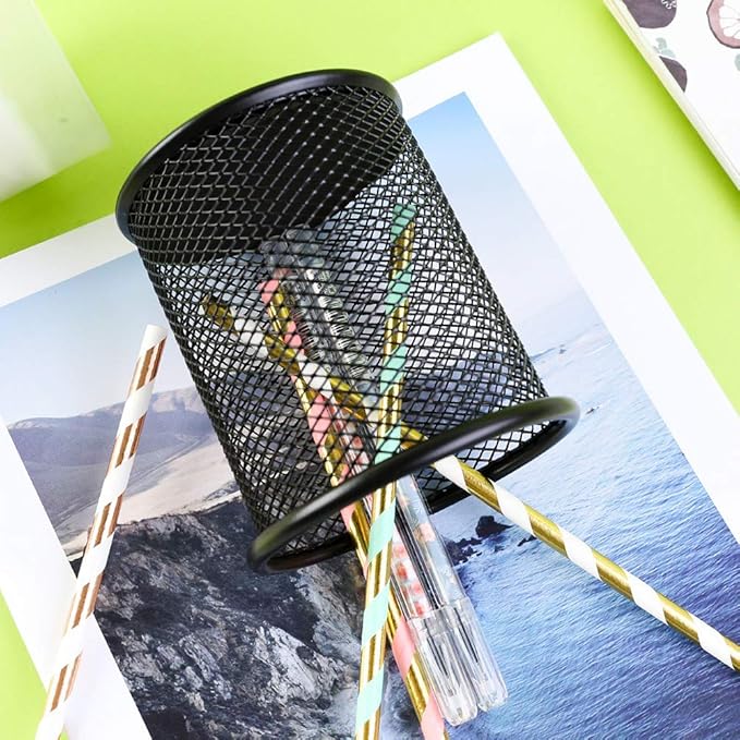 Ameceres 4 Packs Wire Mesh Pencil Holder Metal Pen Cup Desk Pen Organizer Case Pencil Jar Black for Office Home (DeepPink)