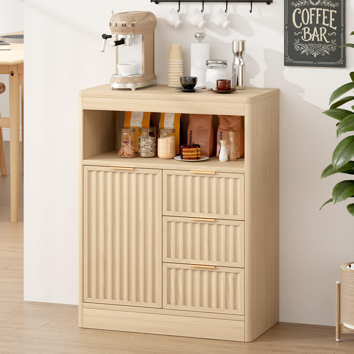 SMORBOSS Coffee Bar Cabinet with Storage, Fluted Buffet Sideboard Cabinet with 3 Drawers & Adjustable Shelf, Rounded Edge Modern Storage Cabinet for Dining Room, Kitchen, Living Room, Entryway, Oak
