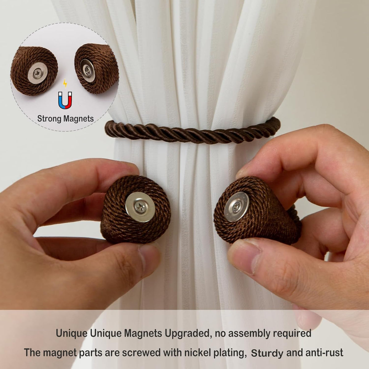 Magnetic Curtain Tiebacks 2 Pack Outdoor Rope Curtain Tie Backs Decorative Window Treatment Holdbacks for Home Decorative Curtain, Coffee