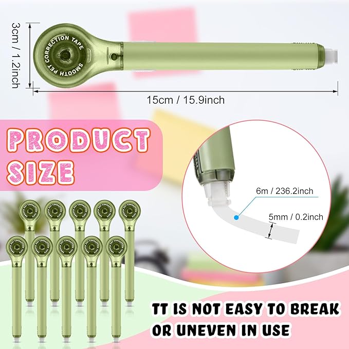 10 Pack Correction Tape Pen Correctional Ink Tape Push Pull Protective, Easy to Use Applicator for School Office Supplies, 0.2 x 236 Inch (Green Color)