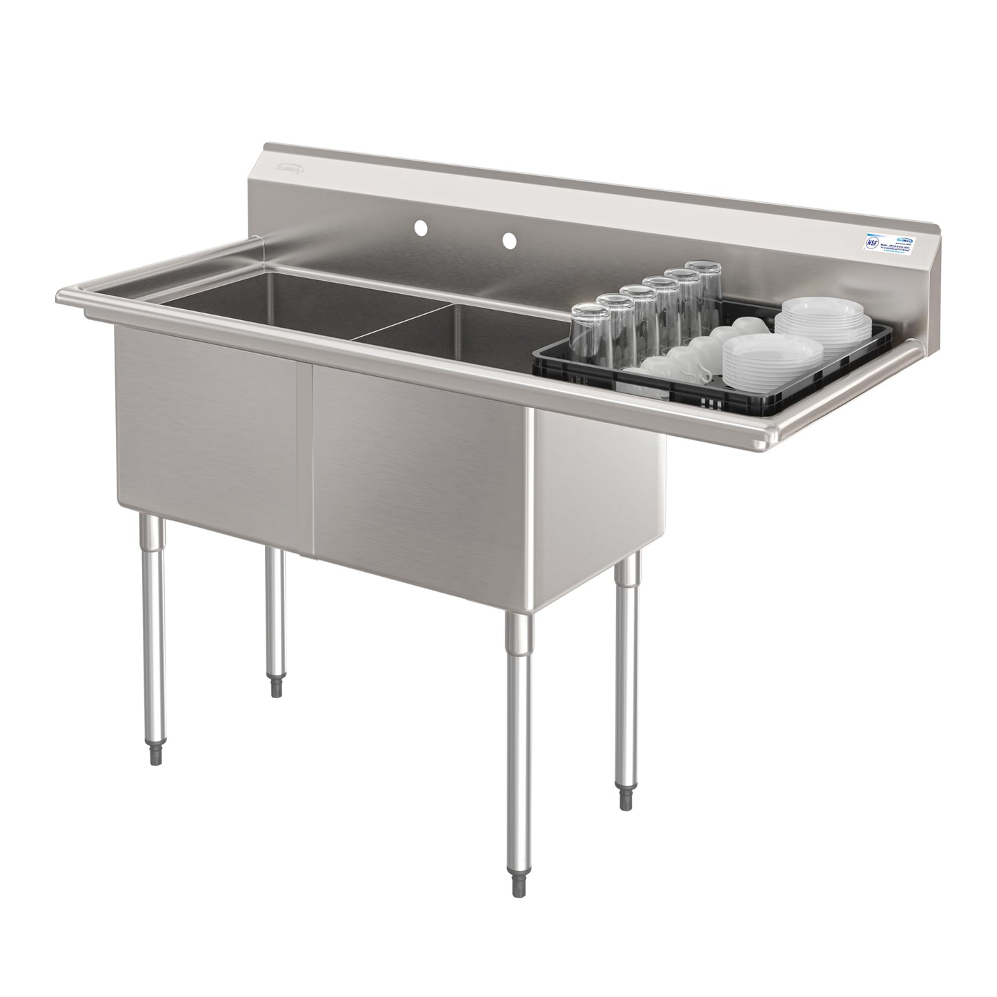 KoolMore 57 in. 18-Gauge 2-Compartment Commercial Sink with Backsplash and 18 in. Right Drainboard, Bowl Dimensions 18"x18"x14" in Stainless-Steel (KM-SB181814-18R3)