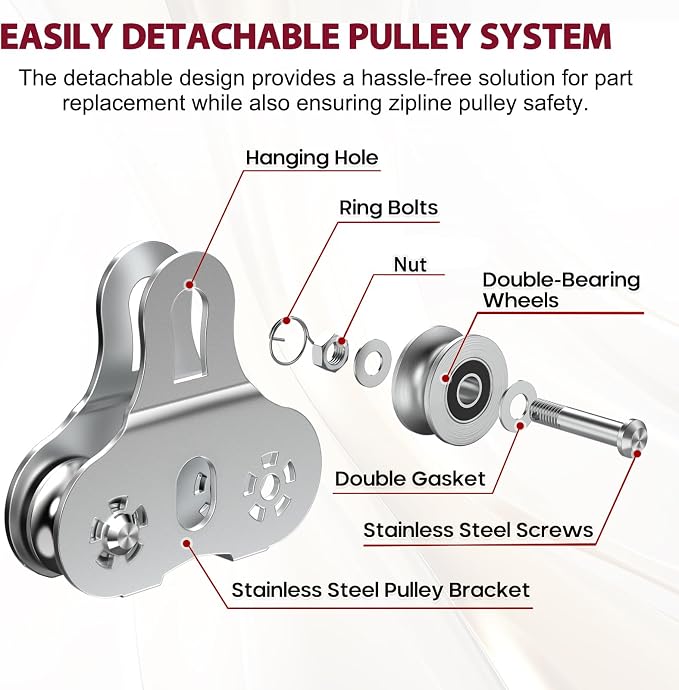 Zipline Pulley, 304 Stainless Steel Tandem Speed Double Pulley for 1/4 5/16 3/8 Cable Backyard Zipline, Hauling, Rigging and Commercial Purposes