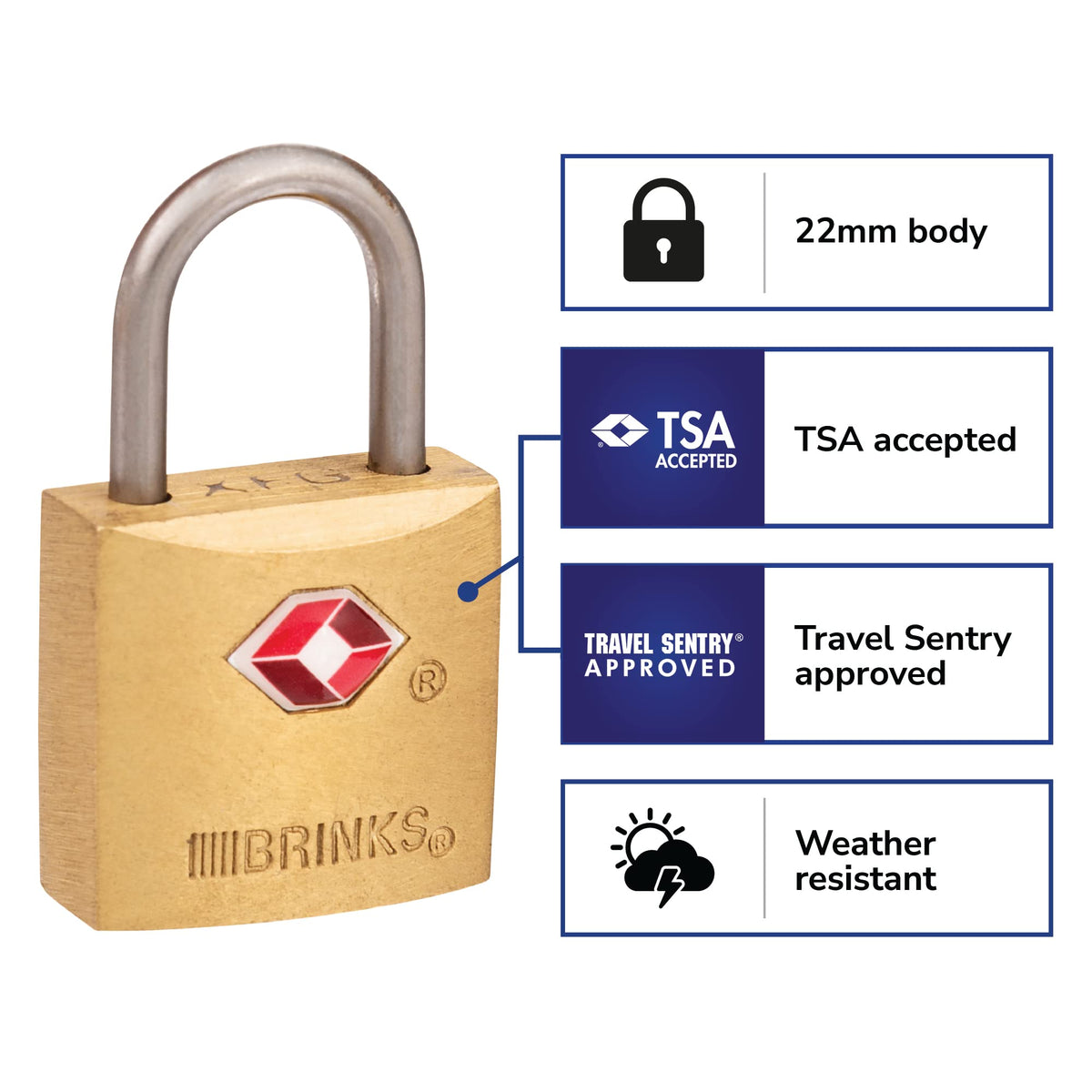 BRINKS TSA Approved Padlock, 22mm Solid Brass, Chrome-Plated with Hardened Steel Shackle, TSA Locks for Luggage, 4-Pack