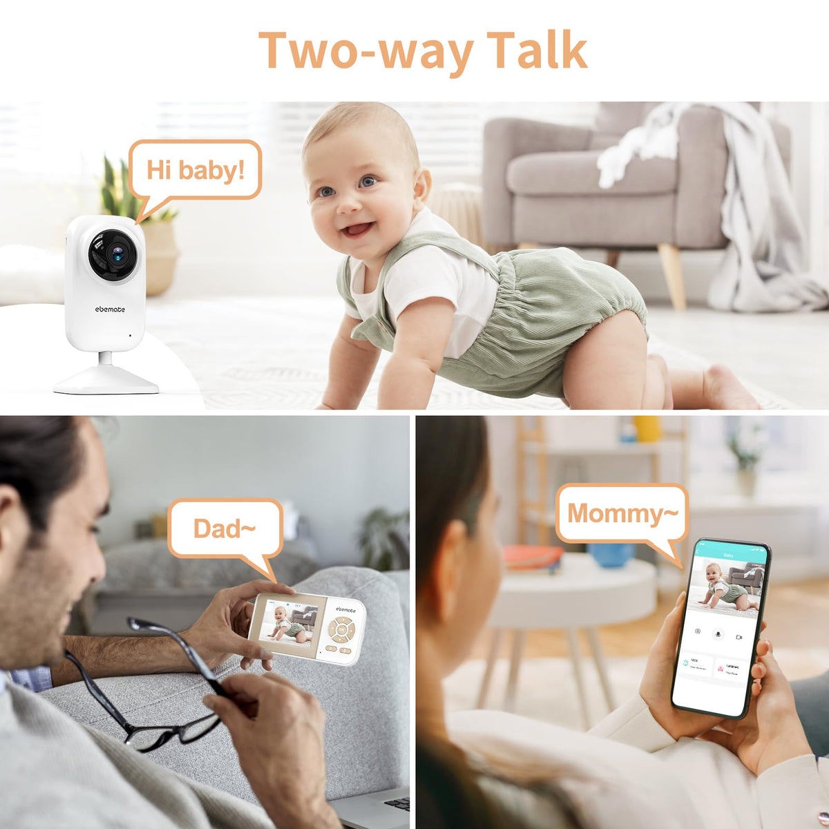ebemate Video Baby Monitor Camera with 2 Camera,2.8" LCD Screen Video & Audio No Glow Night Vision,2-Way Talk Audio Cam Baby Monitoring 1200FT Range EBE28-2