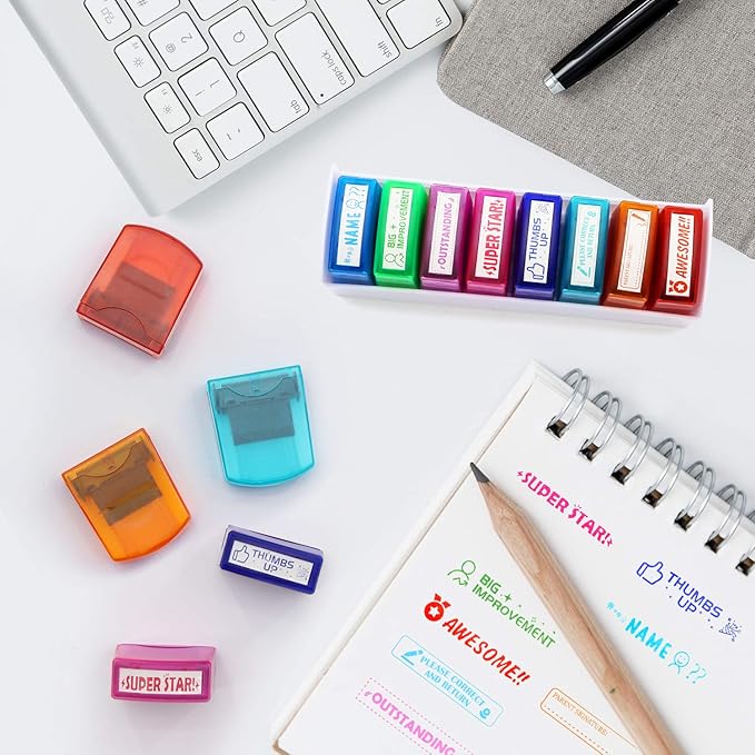 RELIANCER 8PCS Teacher Stamp Set,Colorful Self-Inking Motivational Classroom Stamper for Grading,Encouraging Rating Stamp Student,Parent Signature Stamps for Homework,School Homeschool Reward Supplies