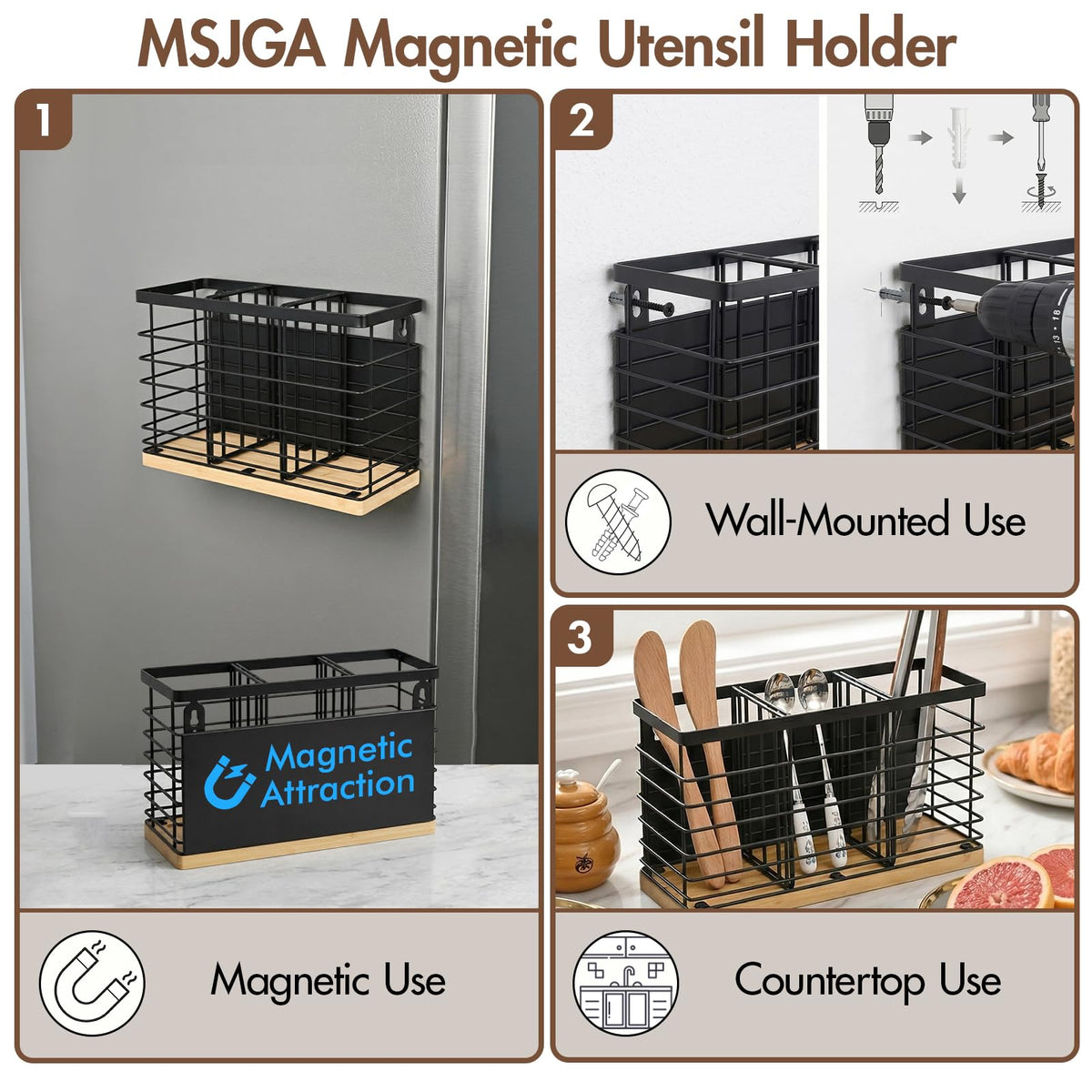 MSJGA Magnetic Utensil Holder for Fridge - 3 Compartment Wall Mounted & Countertop Metal Utensil Organizer with Bamboo Base, Kitchen Utensil Caddy for Spoons, Forks, Knives, Black