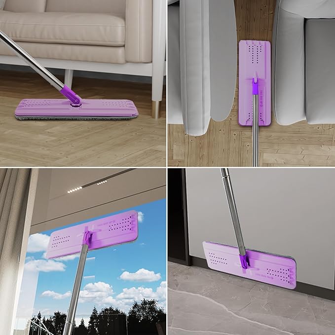 Mop and Bucket with Wringer Set, Hands Free Flat Floor Mop and Bucket, 3 Washable Microfiber Pads Included, Wet and Dry Use, Home Floor Cleaning System for All Floor Types and Windows, Purple
