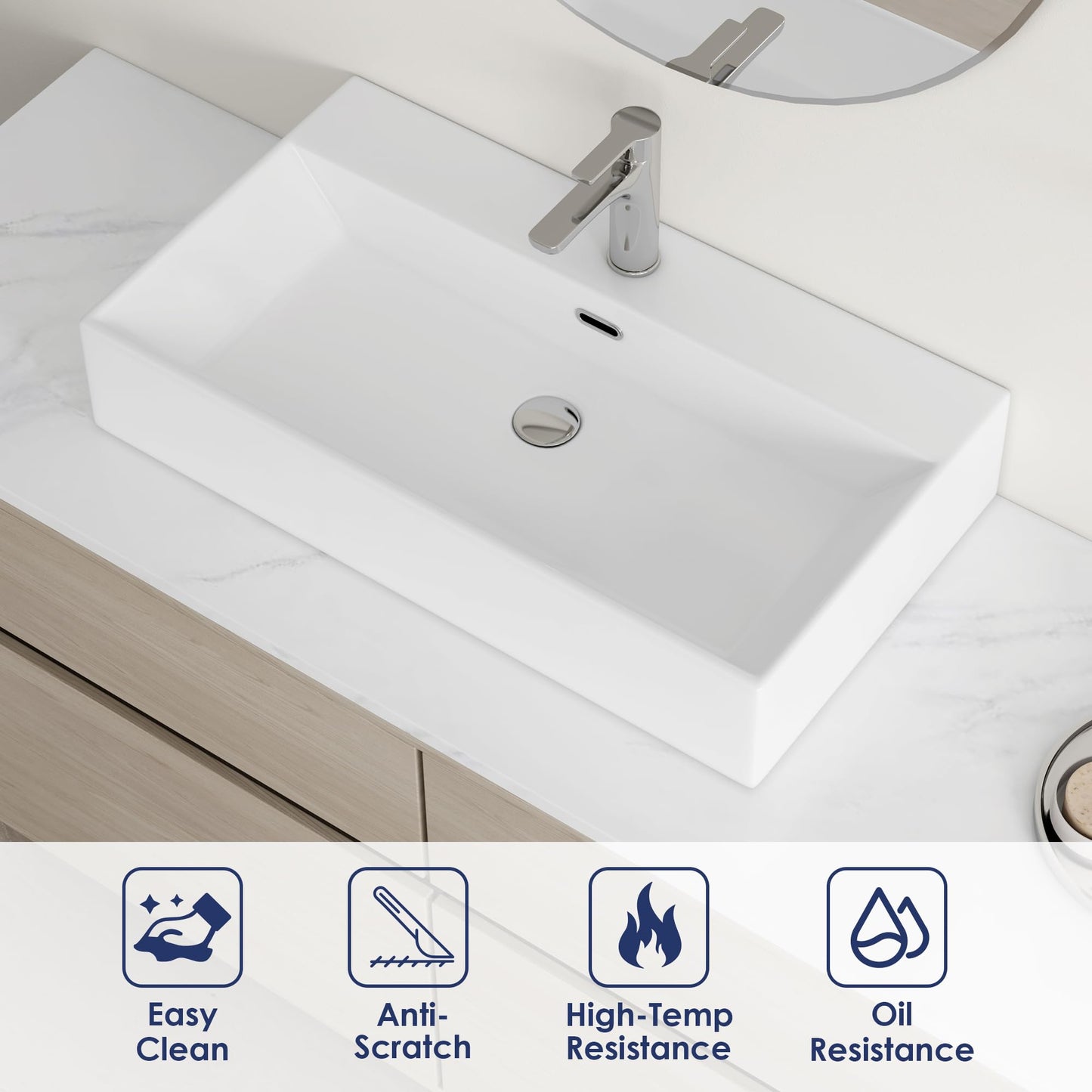 Eridanus Bathroom Sink 30" x 16" Rectangular Vessel Sink, Wall Mount Above Counter Vanity Sink, Premium Ceramic White Art Basin with Overflow, Lavatory Trough Floating Washbasin