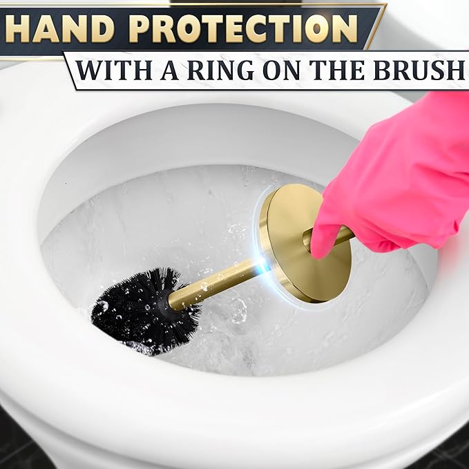Gold Toilet Brush and Holder Set - Brushed Stainless Steel Gold Toilet Bowl Brush and Holder with Replacable Head, Removable Inner Bowl, and Splash Protection - Dense Bristles for Through Cleaning