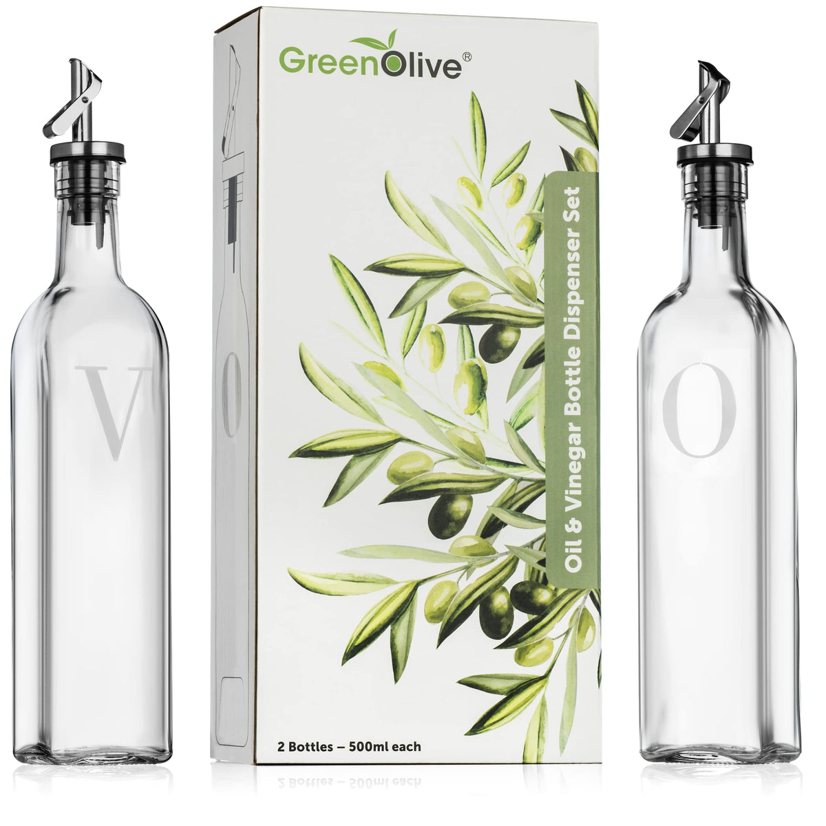 GREENOLIVE Olive Oil and Vinegar Dispenser Set - 17 oz. Glass Bottles with No-Drip BPA-Free Spouts - Stylish O and V Identifiers for Kitchen and Dining Use - Set of 2