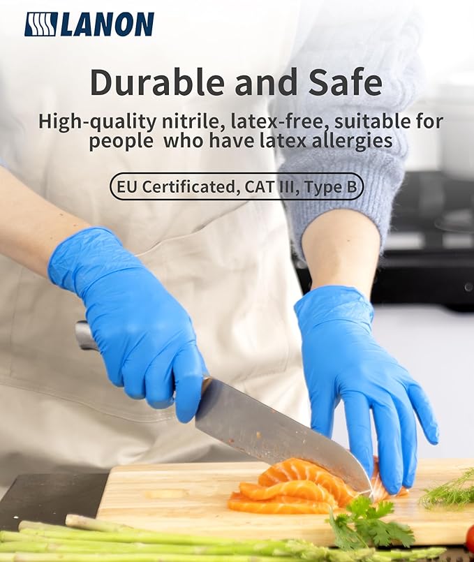 LANON Protection Blue Disposable Nitrile Gloves, Silicone-Free, Food-Safe, Chemical Resistant, Powder-Free, Textured Fingertips, Cooking, Cleaning, Case, Large