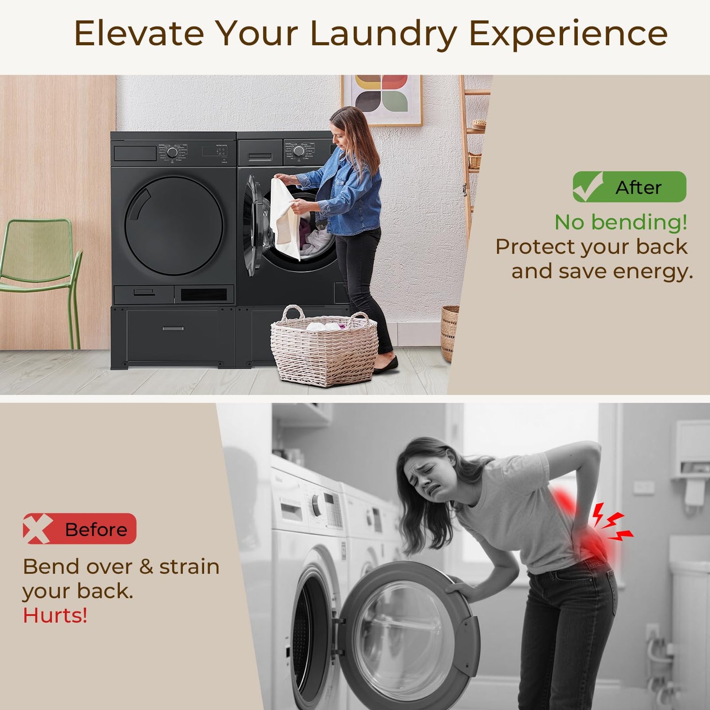 SKM Washer and Dryer Pedestal with Drawer, Laundry Pedestal for Washer and Dryer Stand, Heavy Duty Steel Washing Machine Stand Height Raiser (2, black, 29" W x 29" D x 14" H)