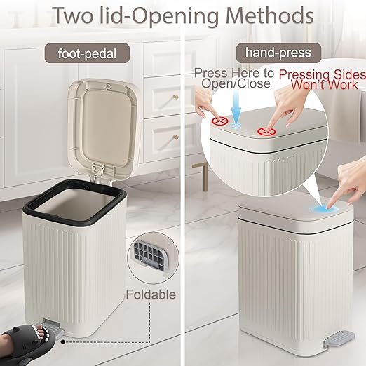 rejomiik Small Bathroom Trash Can with Lid 2.6 Gallon Step Trash Can Slim Garbage Can with Soft-Close Waste Bin for Bathroom, Bedroom, Office, Dorm, RV, Off-White