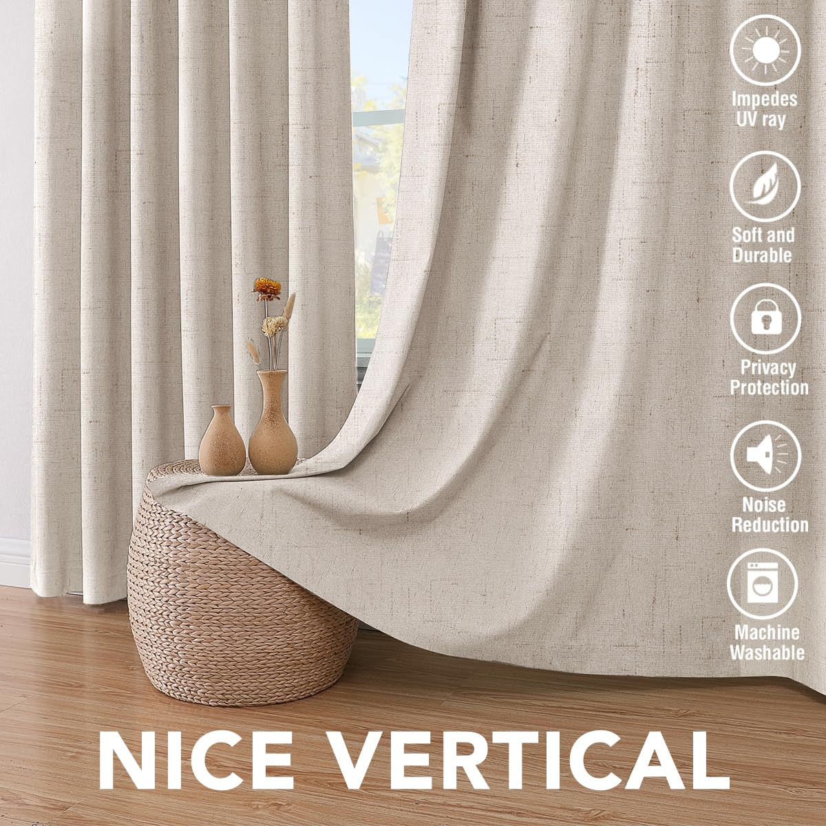 H.VERSAILTEX Linen 100% Blackout Curtains for Bedroom Full Light Blocking Curtains, Textured Window Curtain for Living Room 84 inch Grommet, Energy Efficient Curtains White Liner(2 Panels, Natural)