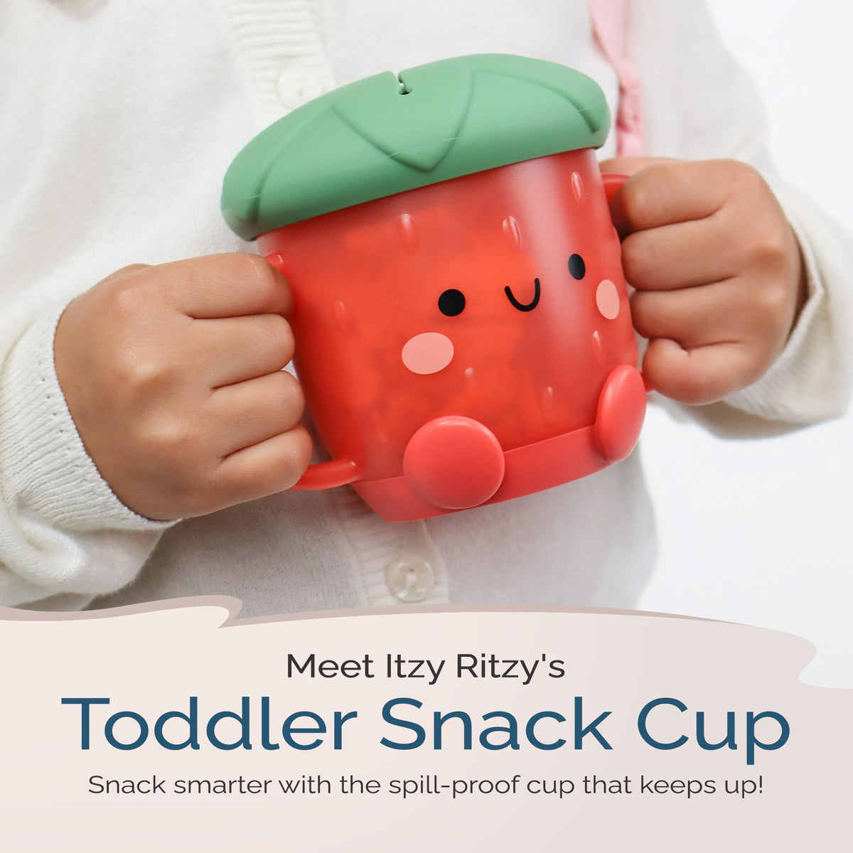 Itzy Ritzy Toddler Snack Cup - Spill-Proof Snack Cup for Toddlers with Soft Silicone Lid for Easy Food Access - Easy-To-Hold Kids Snacks Container With Handles - Ideal for 12 months & Up (Strawberry)