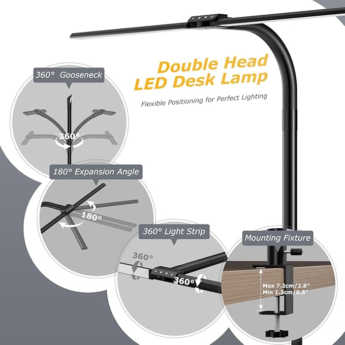 Desk lamp,LED Desk Lamps for Home Office,24W-Eye-Caring Computer Desk Lamp with Clamp,Architect Lamp with Flexible Gooseneck,LED Table Light for Reading,Dimmable Monitor Table Lamp,Double Head