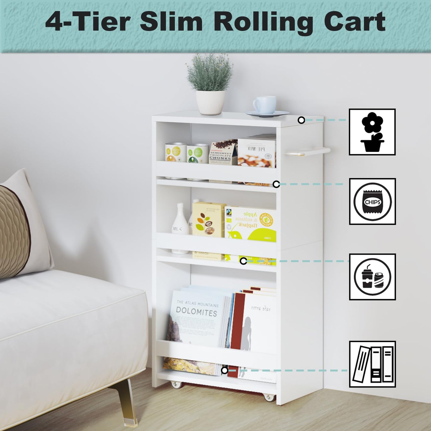 MARTY Rolling Storage Cart 7.9" W, 4-Tier Kitchen Cart with Wheels Handle, Slim Storage Cart Mobile Shelving Utility Carts for Bathroom Laundry Room Organization Narrow Places (All White)
